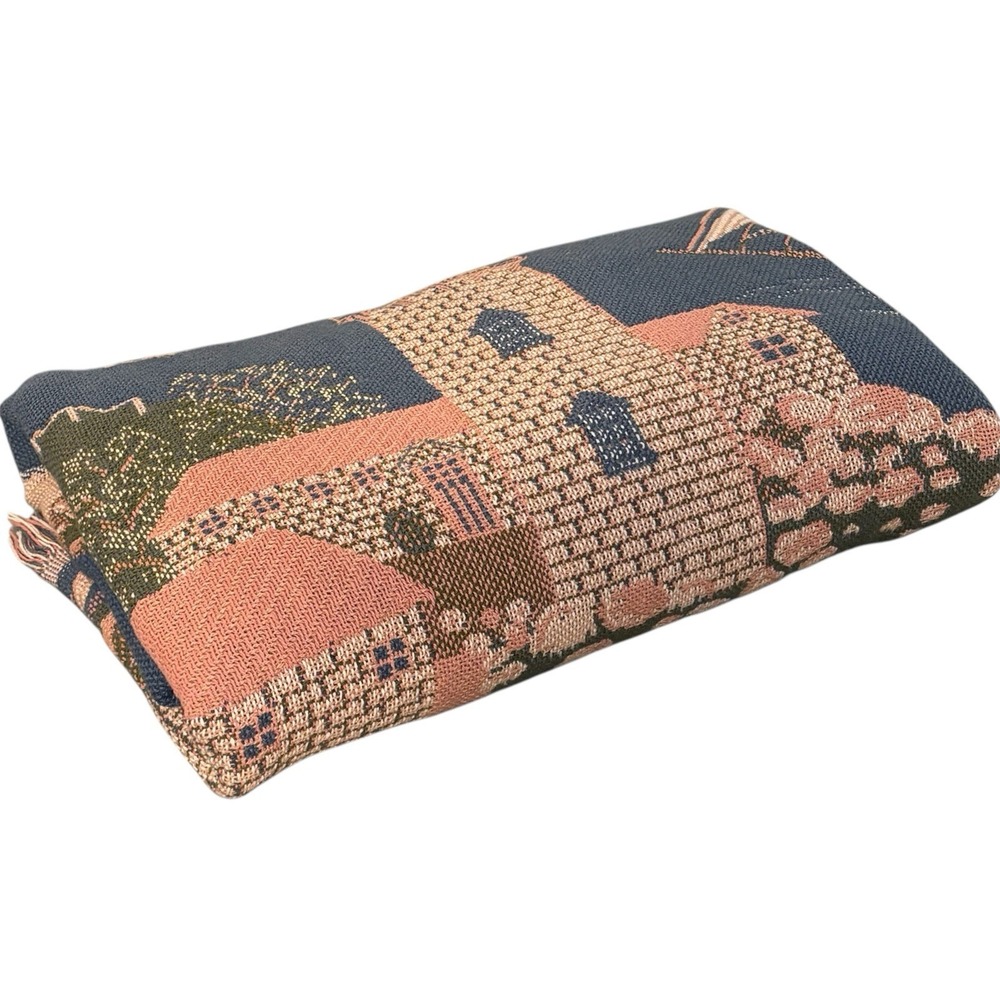 Vtg Goodwin Weavers Coastal Lighthouse Landscape Tapestry Throw Blanket 72x49